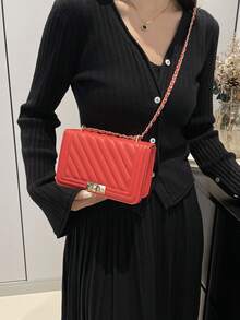 Hevel, nueva bolsa de hombro mini de moda de unicolor con relieve de PU, bolso bandolera de calle, bolso cuadrado pequeño minimalista de mujer con cadena - Rojo - Ver 4
