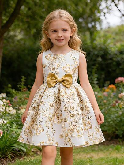 EHOMKIDS Girls Printed Gold Bow Decor Midi Dress, Children Wedding Party Formal Gown