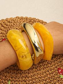 3pcs Set Elegant Minimalist Purple Asymmetrical Resin Bracelet Set, Suitable For Personal Style - Yellow - View 2