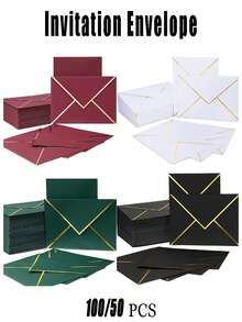 100/50pcs Invitation Envelopes, Wedding Invitations With Envelopes, Paper Envelopes, Gold Foil Double-Sided Printed C6 Envelopes, Size 13.5X18.5cm, Perfect For Graduation, Wedding, Birthday, Baby Shower, Mother's Day Invitations - A - View 2