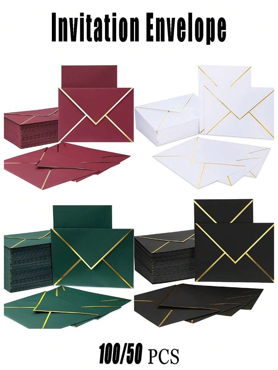 100/50pcs Invitation Envelopes, Wedding Invitations With Envelopes, Paper Envelopes, Gold Foil Double-Sided Printed C6 Envelopes, Size 13.5X18.5cm, Perfect For Graduation, Wedding, Birthday, Baby Shower, Mother's Day Invitations