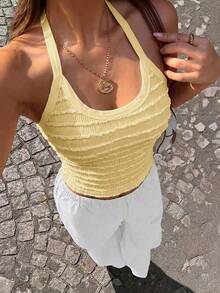 Solid Color Ribbed Halter Neck Top, Suitable For Beach, Vacation, And Dates In Spring/Summer - Yellow - View 4
