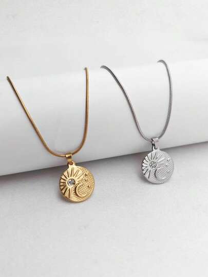 1pc Elegant 18K Gold Plated Stainless Steel Moon & Star Round Tag Necklace, Minimalist Luxury Fashion Versatile Daily Wear For Women