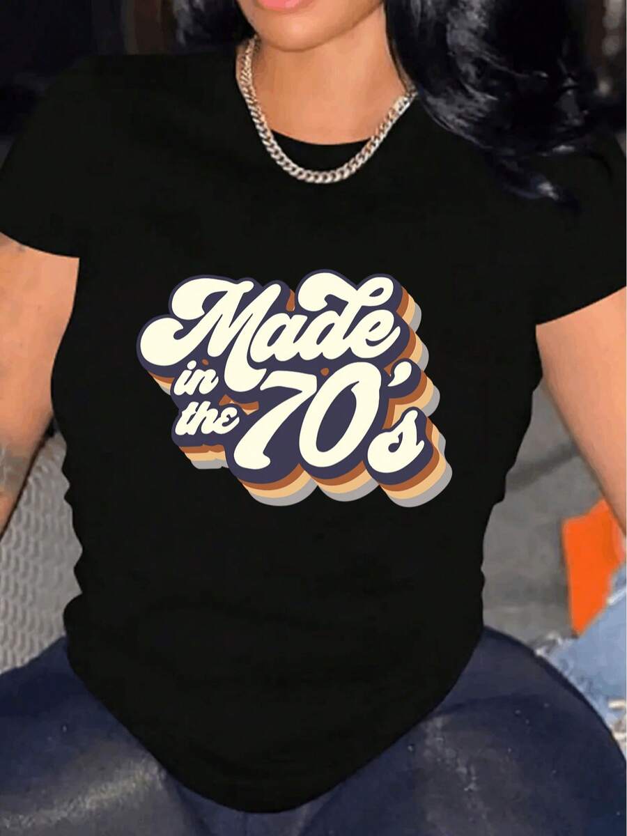 Camiseta de edición limitada con estampado de los años 70, de manga corta casual para mujer, 1 pieza,% de tela pesada - Cuello redondo cómodo, camiseta suave y bonita de algodón ligero. - Negro - Ver 1