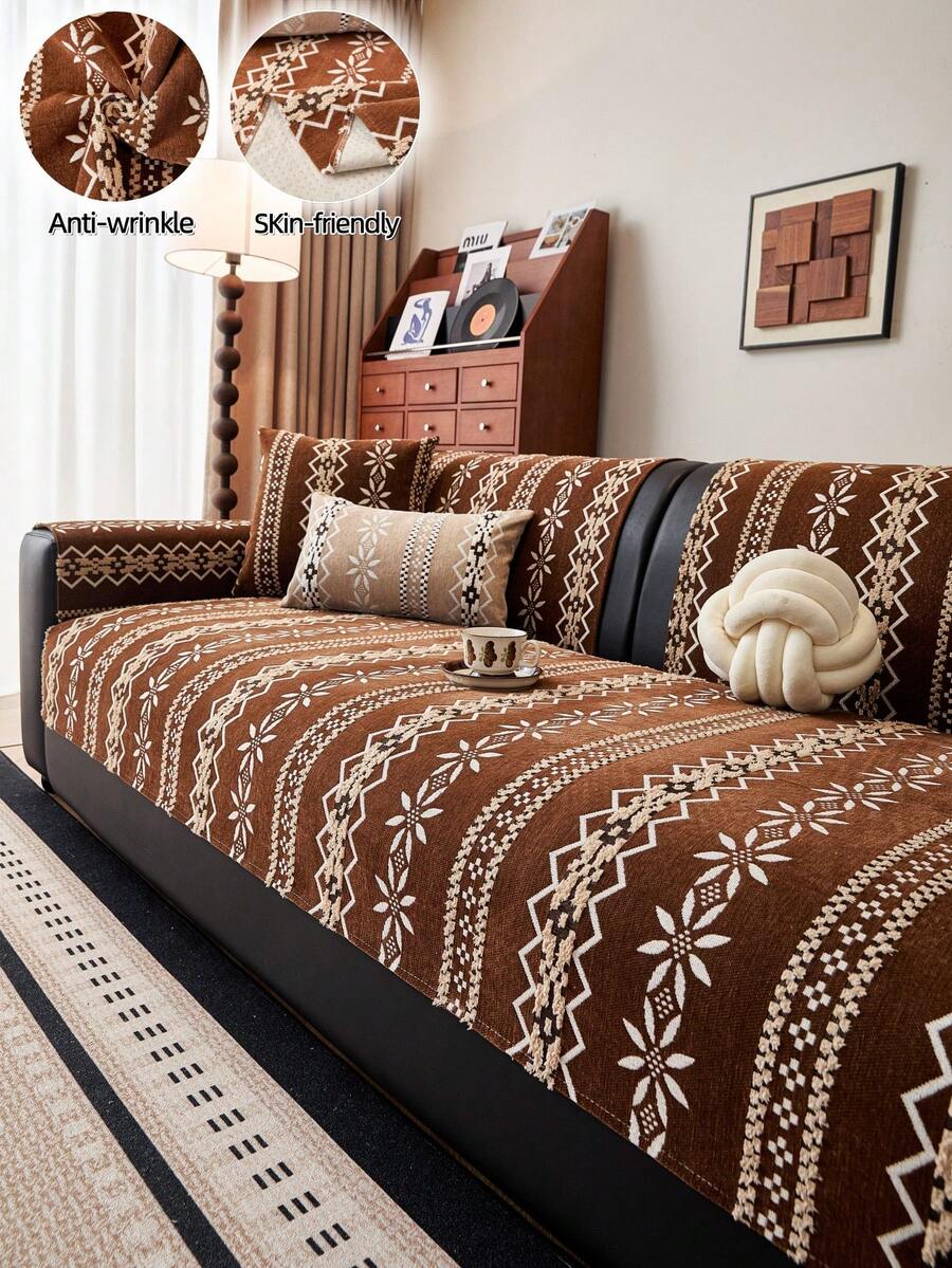 1 chiếc vỏ gối sofa họa tiết hình học Bohemian, chất liệu jacquard chenille mềm mại, bảo vệ đồ nội thất bốn mùa, chống trượt, chống bụi, chống nhăn, bền, chống trầy xước do mèo, phù hợp với sofa 1-4 chỗ và sofa hình chữ L. - Cà phê nâu - Xem 1