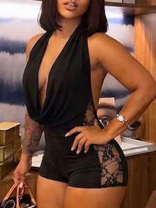 時尚美國日細肩帶露背挖空拼接對比蕾絲連身褲,性感酒吧派對黑色 - 黑色 - 查看 3