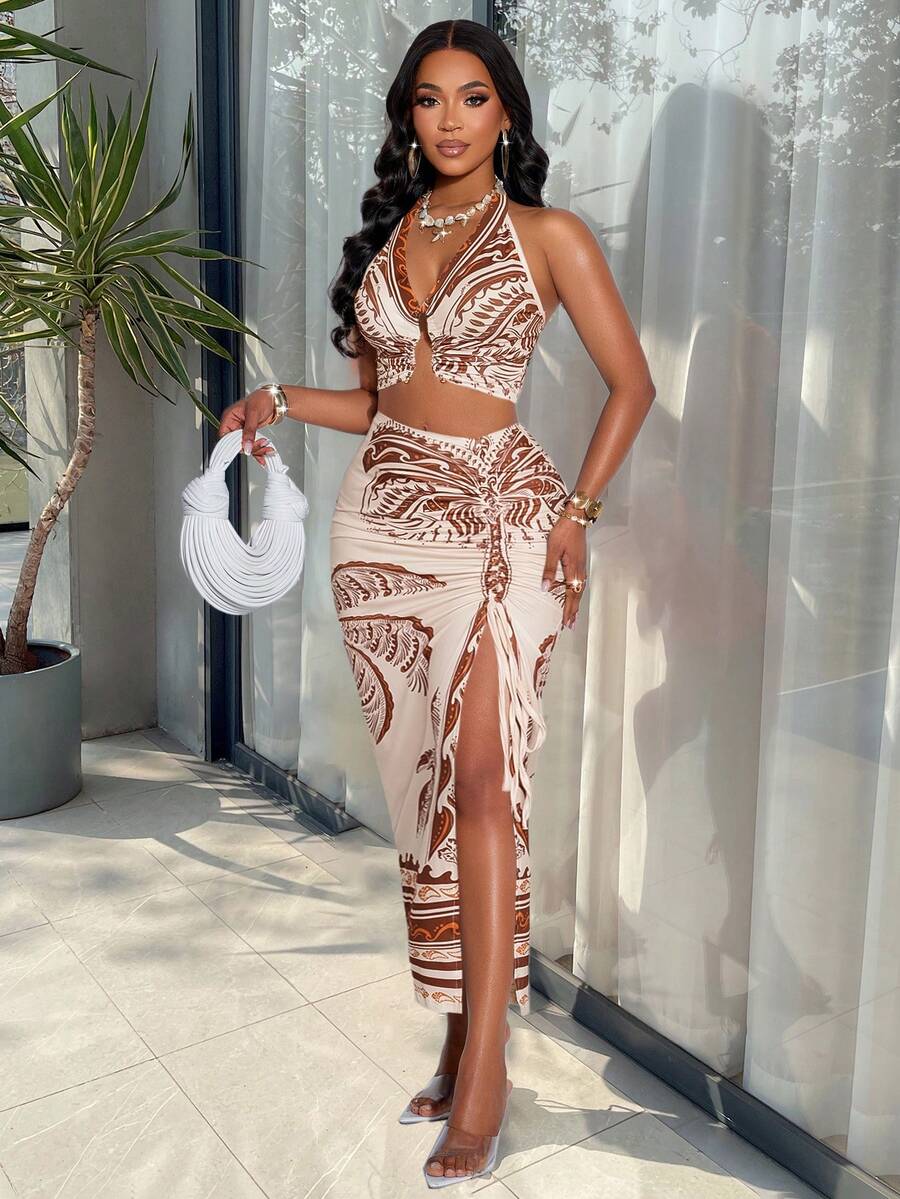 AIJ Amarilo Women's Elegant Tropical Print Ruched Hollow Out Fitted Metal Ring Buckle Niche Design Sleeveless Backless Camisole Top And Drawstring High Slit Skirt Two Pieces Set (Positioning Print) Summer - Apricot Brown - View 1