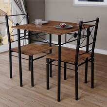 Dining Kitchen Table And Chairs 2 Seater Dining Room Set, 2 Seater Dining Chairs With Elegant Table Compact Wood Steel Frame Dining Kitchen Furniture - Black - View 2