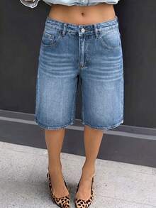 Quần short Bermuda denim nữ dáng rộng, cạp thấp, thoải mái và đa năng, thích hợp mặc hàng ngày vào mùa hè. - Rửa trung bình - Xem 2