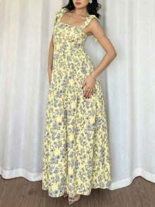 French Elegant Ruched Waist Floral Print Flared Dress, Sleeveless Flowy Dress, Light Blue Floral Summer Dress - Màu vàng - Xem 5