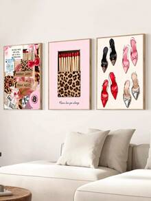 3PCS Pink Leopard Wall Art Fashion Stylish Prints Decor Office Aesthetic Girly Wall Art Fashion Magazine, Matchbox, High Heels Wall Art, Festival Gift, The Ideal Gift For Friends, Bedroom Art Print, Living Room Decor, Office Decor, Kitchen Decor, Bar Decor, Bathroom Decor, Wall Arts, Wall Decor, Home Decor, Room Decor, Canvas Wall Art, Posters, Wall Art With Frame, Optional Frame ﻿ - 3pcs - View 3