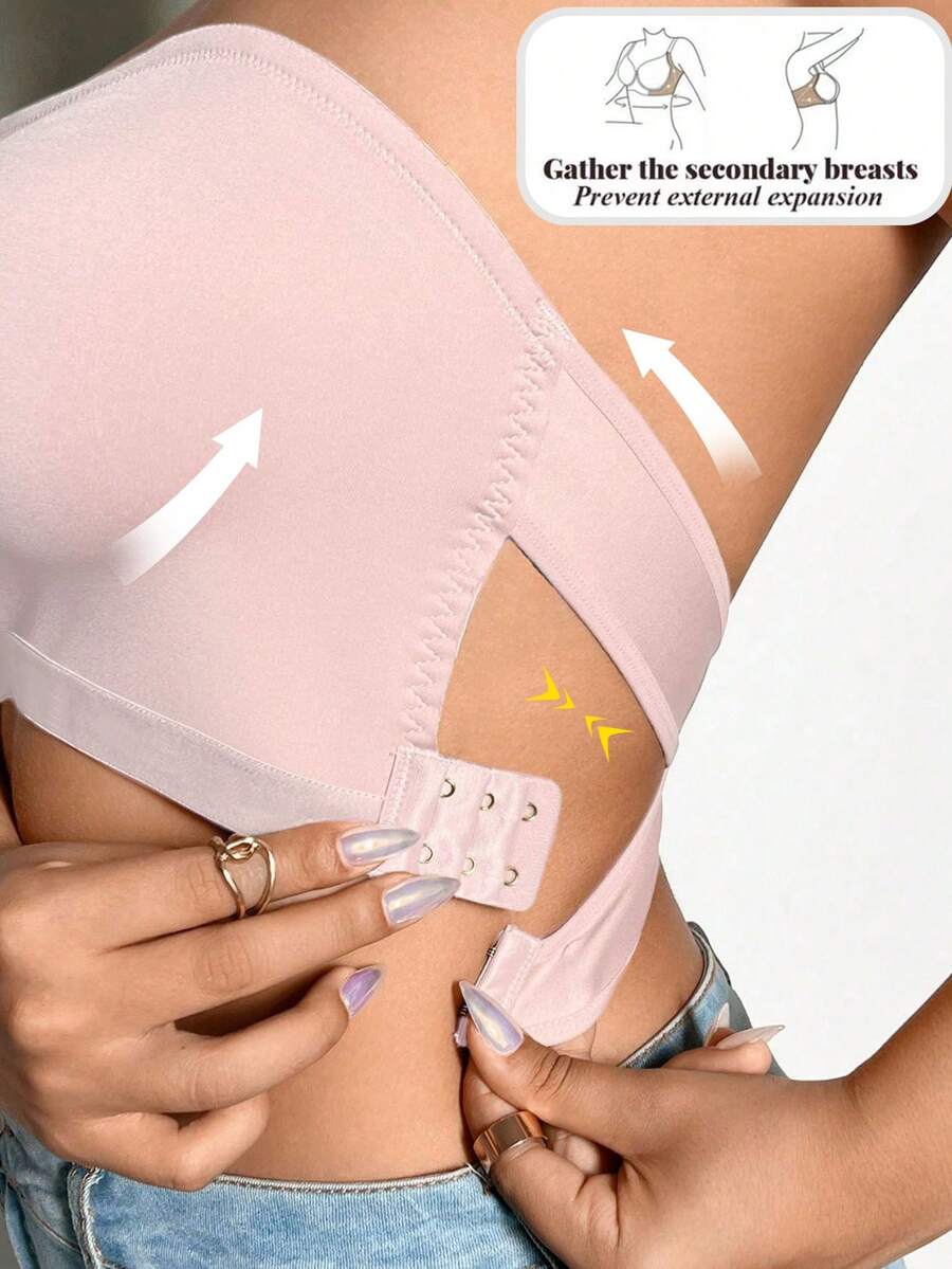 Plus Size Women's Side Buckle Wireless Bra, Breathable Non-Slip Supportive Seamless Everyday Bra - Baby Pink - View 1