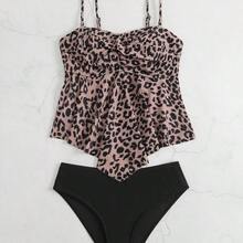 Swim Lushoire 2pcs/Set Women 2025 Leopard Print Casual Cami Tankini Set, Print Pattern Random Summer - Multicolor - Ver 8