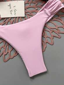 Women's Casual Ruched Bikini Set, Fruit Print Triangle Top With Ruched Pink Bottoms, Medium Stretch Swimwear Vacation Beach Summer - Pink - View 5
