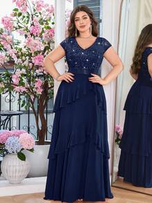 Đầm dạ hội chiffon cổ chữ V đính sequin, ren hoa, phối ren, viền bèo nhún, sang trọng, thích hợp cho tiệc sinh nhật, tiệc chiêu đãi, lễ tốt nghiệp, các ngày lễ mùa xuân. - Màu xanh hải quân - Xem 4