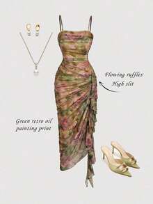 Vestido largo con tirantes finos, estampado mariposa vintage degradado, pliegues con volantes y falda asimétrica con abertura, ideal para San Valentín, fiestas, cócteles y eventos de verano - Multicolor 3 - Ver 12