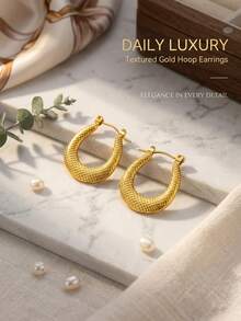 1 paire de boucles d'oreilles créoles épaisses en acier inoxydable plaqué or avec texture écaillée tressée pour femmes, résistantes à la tarnissure, plusieurs styles disponibles - Multicolore - Voir 6