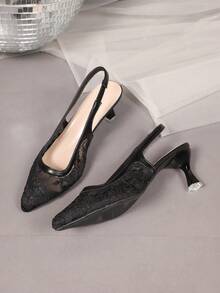 1 Pair Plus Size Closed Toe High Heel Sandals, Soft Breathable Mesh Embroidered Fabric, Pointed Toe Stiletto Heel, Elevated Back Heel, Slip-On Design, Fashionable Elegant Style, Work Wedge Sandals, Suitable For Parties, Shopping, Travel, Vacation, Outdoor Wear (Runs Large) - Black - View 2