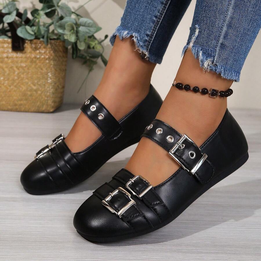 Teens' British Style Double Buckle Oxfords, Round Toe Flat Mary Jane Shoes, Retro School Uniform Shoes, All Season - Black - View 1