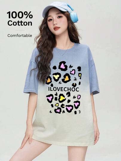 JUTU 夏季宽松圆领T恤，女款街头风学院风奶油黄蓝杏色撞色爱心印花短袖水洗面料休闲款