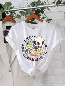 Camiseta blanca con estampado de calavera y margarita para fiestas - Blanco - Ver 2