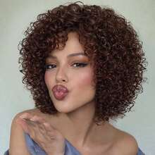 8 Inch Synthetic African Curly Short Bob Wig For Women With Bangs, Elastic Fluffy Curly, High Temperature Fiber Material, Rose Net Cap, 150% Density, Suitable For Daily And Party Use - Multicolor - View 16