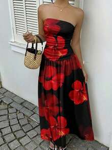 Vestido bandeau con cintura ceñida y estampado de lunares, estilo vacacional - Multicolor 9 - Ver 4