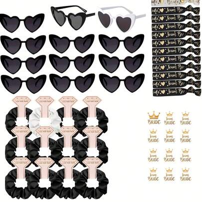 Bộ quà tặng cưới 48 món, bao gồm ly hình trái tim, dây buộc tóc, sticker cô dâu và vòng tay cô dâu, thích hợp cho tiệc cô dâu, tiệc độc thân, quà tặng đám cưới, lý tưởng cho quà tặng và các nghi lễ cưới.