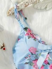 Conjunto de 2 piezas de lencería sexy para dormir - Conjunto completo de 2 piezas con tanga a juego, delicado dobladillo con volantes, estampado floral vibrante - Azul - Ver 3