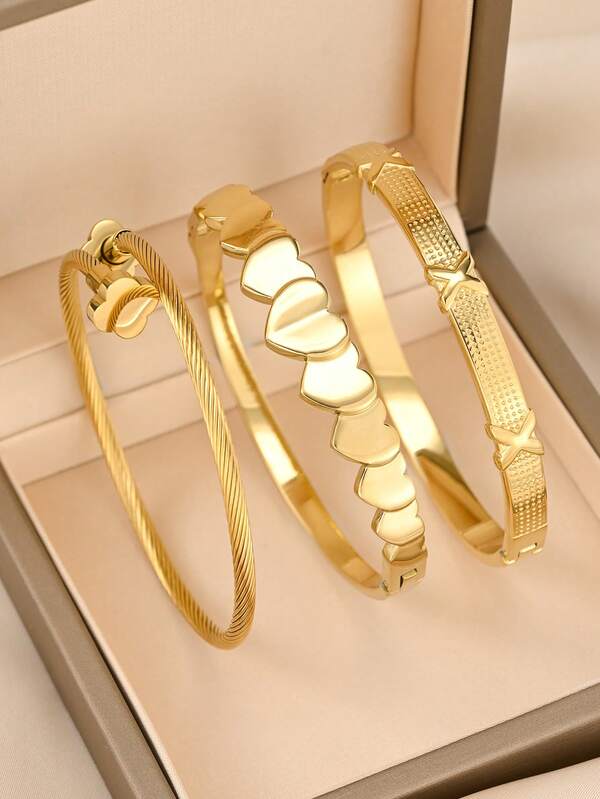 Set de 3 piezas de pulseras brazalete de oro de lujo, de acero de titanio sin decoloración, con diseño de corazón mate y brillante, adecuado para uso diario y apilamiento