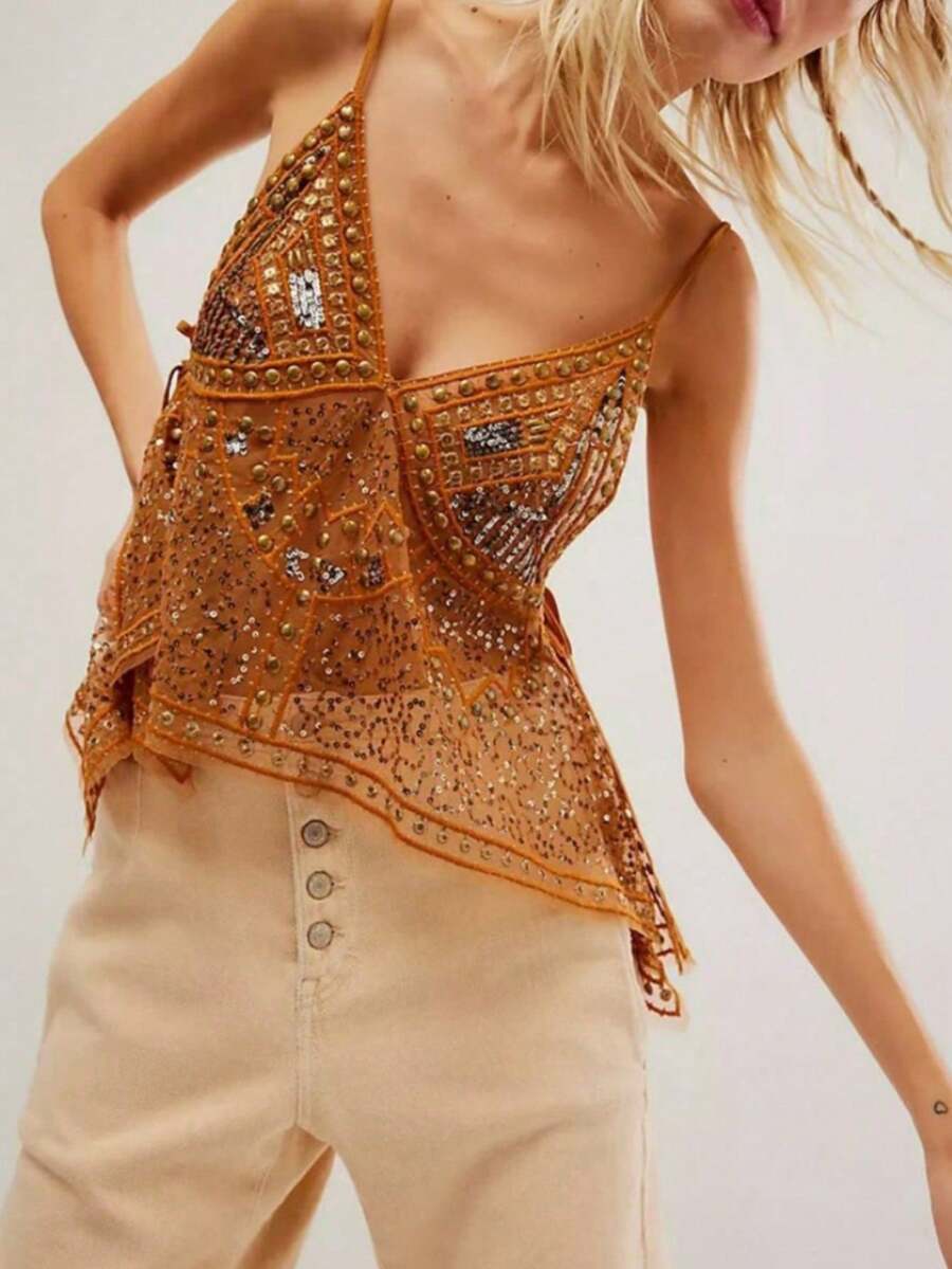 Top tirantes seductor transparente sin espalda con strass de playa - naranja - Ver 1