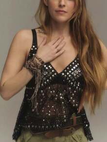 Seductive Sheer Backless Strappy Beach Top With Rhinestones - Black - View 6