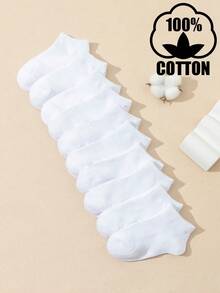 10pcs/Set Kids & Youth Cotton Solid Color Casual Socks, Sports Sweat Absorbing Breathable Mid-Calf Student Socks - White - View 9