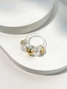 Y2K透明树脂戒指，宽版金属珠心形水钻戒指，朋克风叠戴戒指 - 彩色 - 查看 8