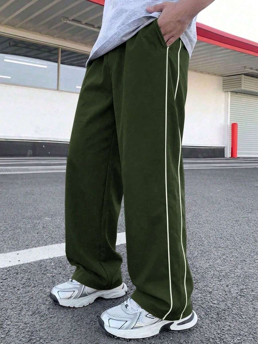 1pc Tween Boys Minimalist Workout Sports Outdoor Straight Leg Pants, Spring/Autumn - Army Green - View 1