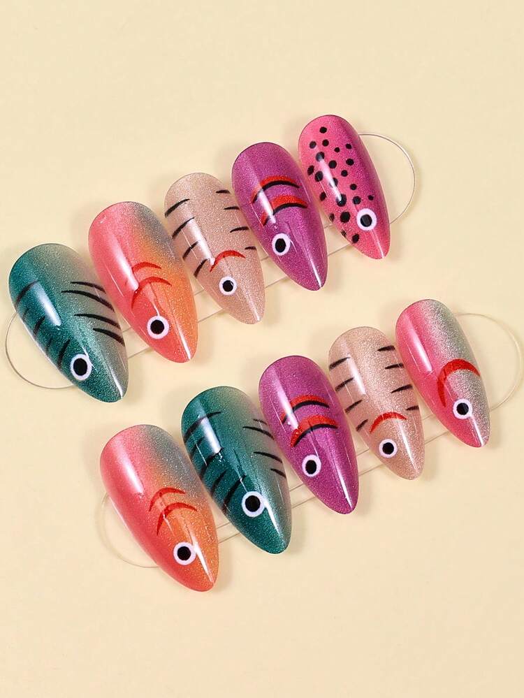 24pcs Colorful Fish Pattern Medium Almond Shaped Fake Nails, Summer Ocean Cat Eye Glossy Acrylic Nail Art Fake Nails For Women - Multicolor - View 3