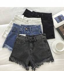 Pantalones cortos vaqueros con dobladillo crudo para mujer, Shorts de pierna ancha, color blanco, negro y azul, estilo coreano, Verano - azul claro - Ver 3