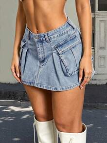 Chân váy bút chì mini bằng denim co giãn ôm sát theo phong cách đường phố Y2K với túi nắp tiện dụng, kiểu dáng thường ngày. - Màu xanh lam - Xem 2