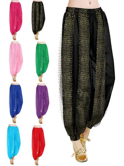 Women's Sequin Chiffon Harem Pants, Elastic Waist Baggy Lantern Pants For Belly Dance, Arabian Costume, Rave Festival & Stage Performance (Multiple Colors Available)