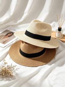 1pc Unisex Summer Sun Protection Straw Hat, Wide Brim Beach Hat, Travel Panama Straw Hat, Round Top Straw Hat - Multicolor - View 6