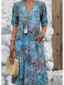 New European American Fashion Printed Lace Trimmed V Neck Short Sleeve Dress - 藍色 - 查看 1