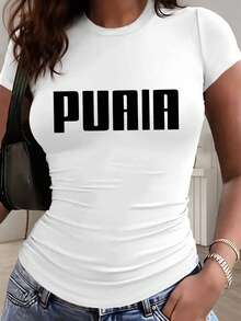 Talla unisex. Camiseta de algodón de talla grande para mujer, ideal para el verano. Estampado artístico con letras - estilo Y2K - Camiseta deportiva casual de talla pequeña, ajustada, de color sólido, con pliegues en la cintura y cuello redondo de manga corta, adecuada para las cuatro estaciones. El material absorbe el sudor, es suave y agradable para la piel. - Blanco - Ver 1
