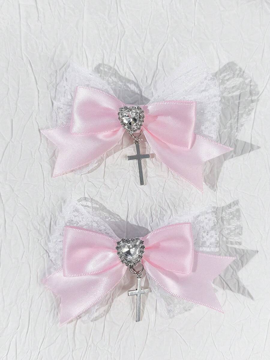 2pcs Gothic Style White Lace Ribbon Hair Clips, Suitable For Holiday Outfits, Daily Wear For Gothic Fashion Enthusiasts,Travel,Birthday - Pink - View 1