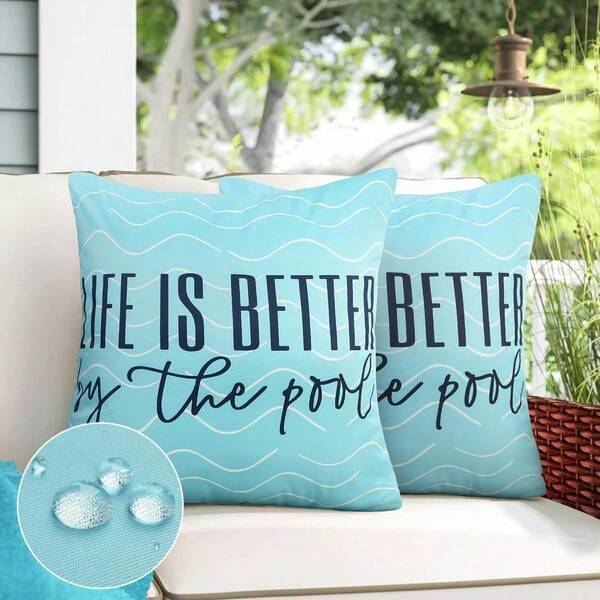 2pcs  Blue Outdoor Waterproof Throw Pillow Covers 18x18 Inch Set Of 2 Decorative Porch Pillows Cover For Patio Furniture Garden, Life Is Better By The Pool