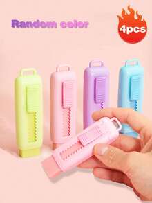 Pink Retractable Sliding Eraser Set, Cute Pull-Push Large Pencil Eraser With Plastic Cover, 4 Refill Soft Erasers For Students, Office, Daily Use, Popular Stationery - Rectangle - View 12