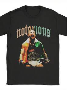 Connor McGregor 100 Retro Herren-T-Shirt – Original Streetwear-Style mit "Notorious"-Print, lässiges schwarzes Kurzarm-T-Shirt, atmungsaktives Material für den Sommer. - Schwarz - Übersicht 1
