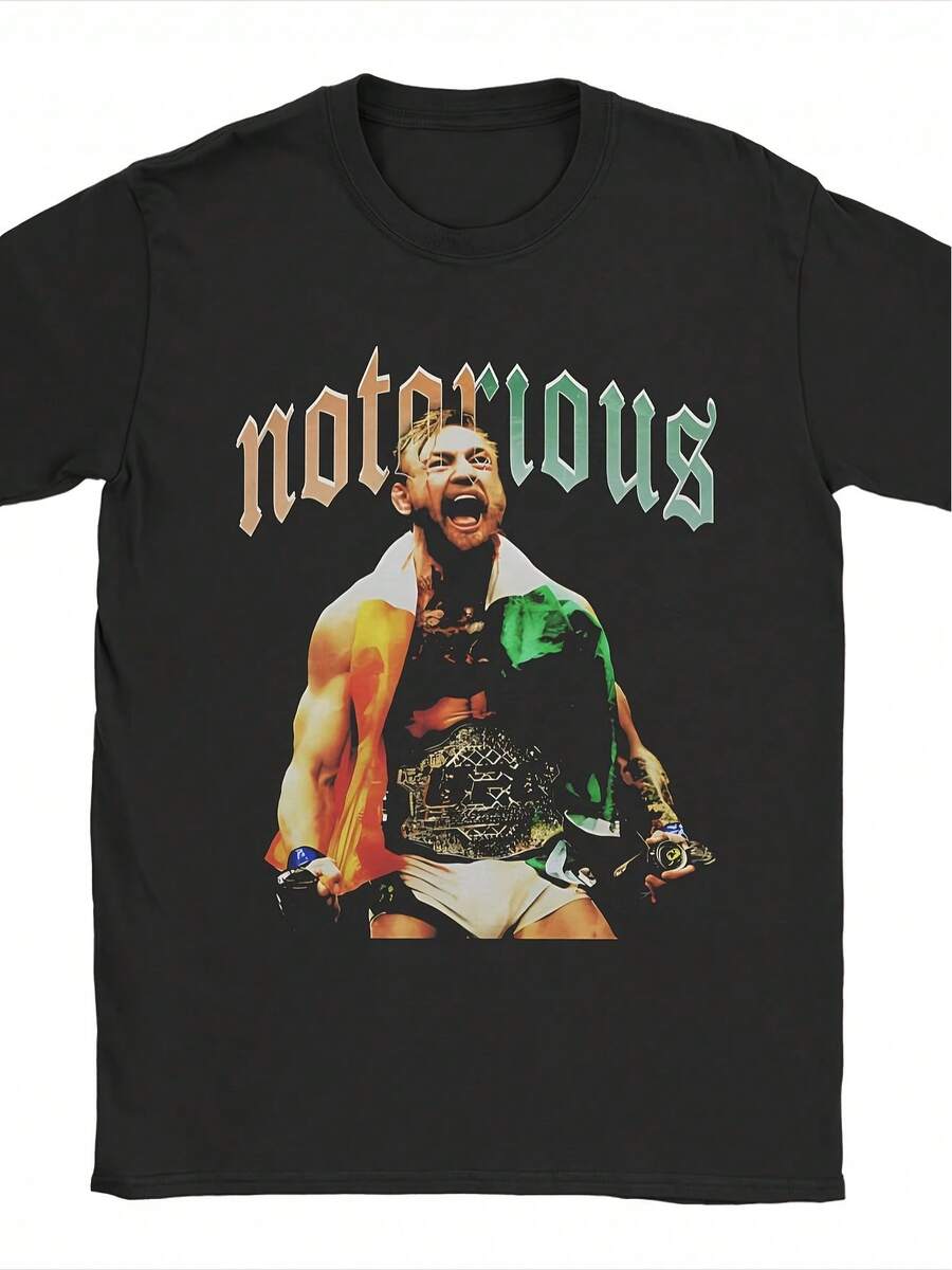 Connor McGregor 100 Retro Herren-T-Shirt – Original Streetwear-Style mit "Notorious"-Print, lässiges schwarzes Kurzarm-T-Shirt, atmungsaktives Material für den Sommer. - Schwarz - Übersicht 1