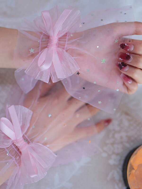 1pc Pink Mesh Nail Art Decorative Fake Sleeve, Suitable For Nail Photography And Display, Lace Trim Short Sleeve Elegant, Ins Style Nail Art Prop, European Ruffle Sleeve Cuff, Applicable For Nail Salon Photography And Display, Japanese Lace Decor