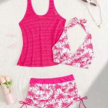Swim Lushoire Women's 3Pcs Beach Outfit Set, Deep V Coconut Tree Print Shorts Paired With Hollow Out Knit Kimono & Cami Tank Top, Mature Resort Holiday Style, Suitable For New Year, For Summer Beach Vacation - Rosa Fucsia - Ver 1