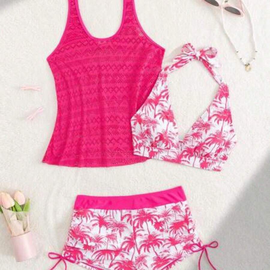Swim Lushoire Women's 3Pcs Beach Outfit Set, Deep V Coconut Tree Print Shorts Paired With Hollow Out Knit Kimono & Cami Tank Top, Mature Resort Holiday Style, Suitable For New Year, For Summer Beach Vacation - Rosa Fucsia - Ver 1